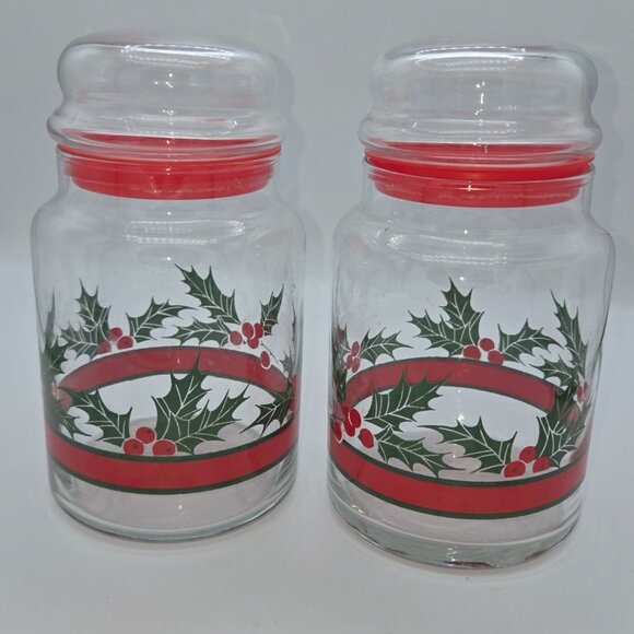 Set Of 2 Clear Glass Holiday Canisters With Red Holly Berry Design & Lids 7" Tal - Picture 1 of 3